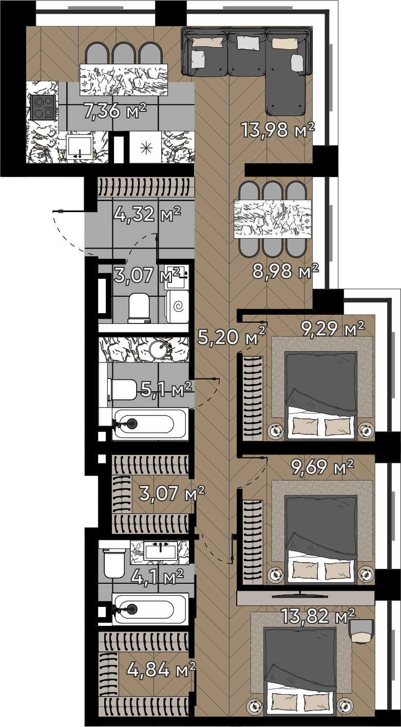 4 комн. квартира, 92.8 м², 18 этаж 