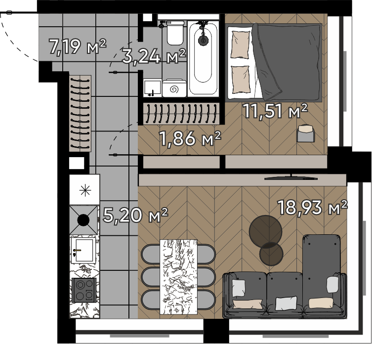 1 комн. квартира, 47.9 м², 14 этаж 