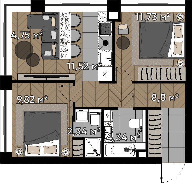 2 комн. квартира, 53.3 м², 5 этаж 