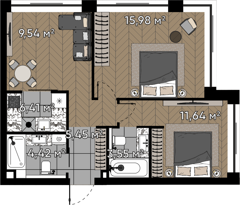 2 комн. квартира, 57 м², 5 этаж 