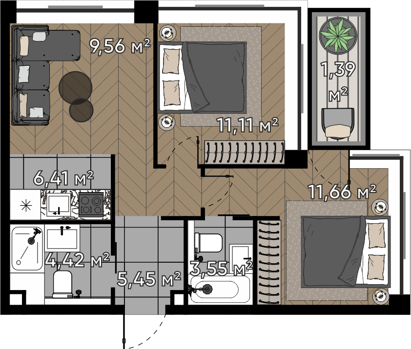 2 комн. квартира, 53.5 м², 9 этаж 