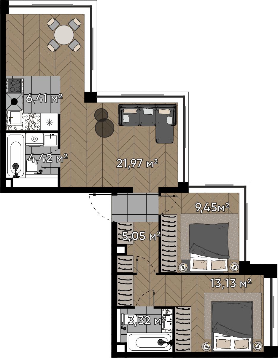 2 комн. квартира, 63.8 м², 12 этаж 