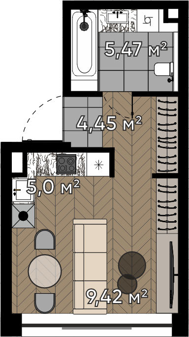 студия, 24.3 м², 5 этаж 