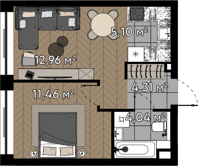 1 комн. квартира, 37.9 м², 12 этаж 