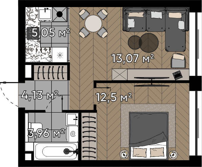 1 комн. квартира, 38.7 м², 6 этаж 