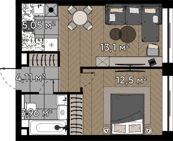 1 комн. квартира, 38.7 м², 6 этаж 