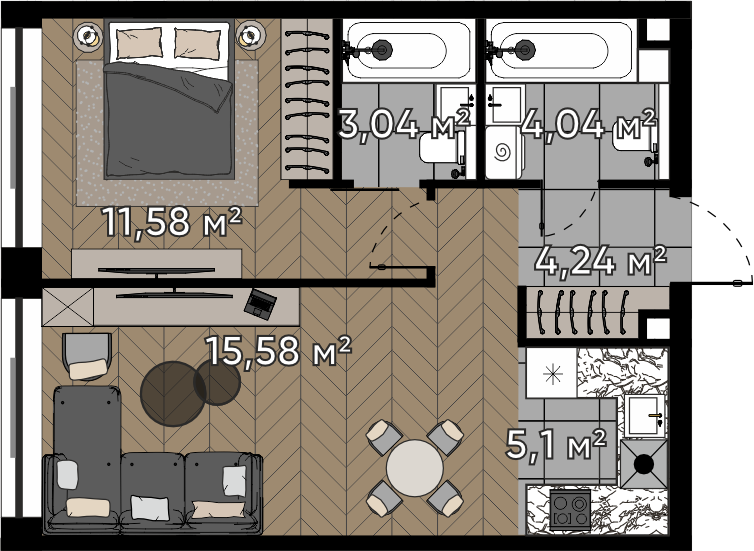 1 комн. квартира, 43.6 м², 14 этаж 