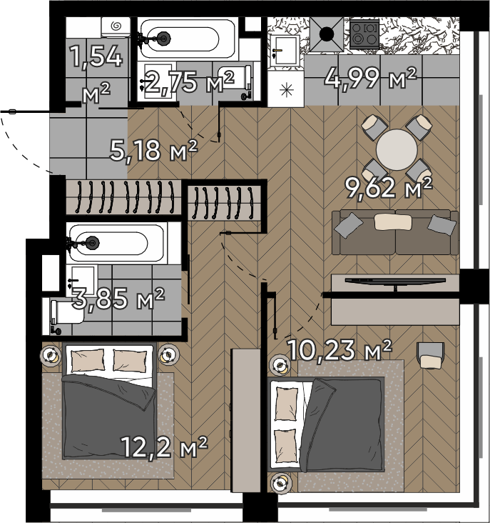 2 комн. квартира, 50.4 м², 5 этаж 