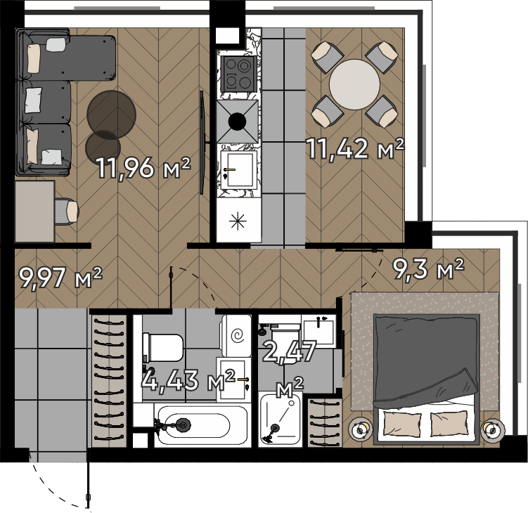 2 комн. квартира, 49.5 м², 14 этаж 