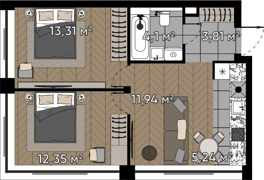 2 комн. квартира, 50.8 м², 14 этаж 