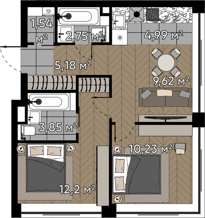 2 комн. квартира, 50.4 м², 16 этаж 