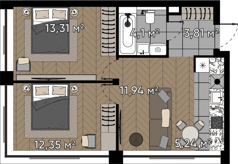 2 комн. квартира, 50.8 м², 16 этаж 
