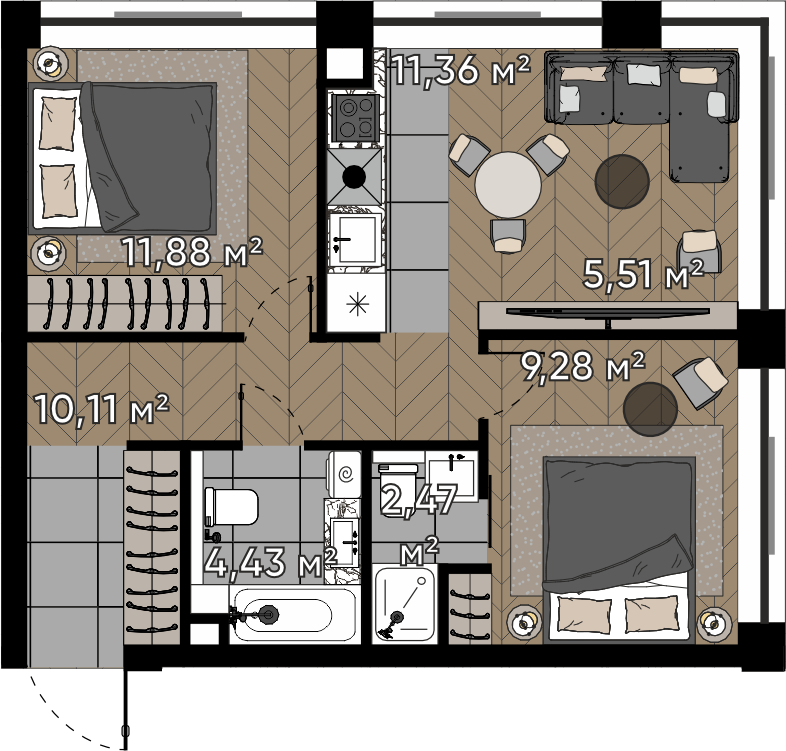 2 комн. квартира, 55 м², 3 этаж 