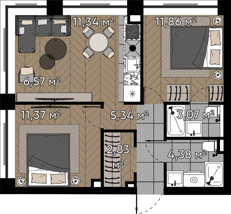 2 комн. квартира, 56.8 м², 5 этаж 