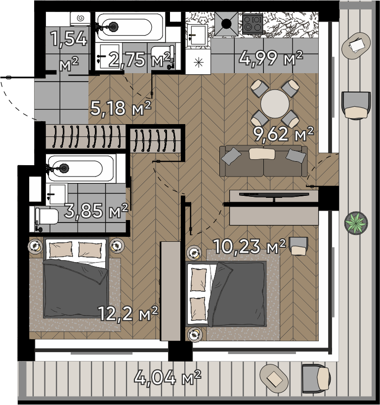2 комн. квартира, 54.4 м², 2 этаж 