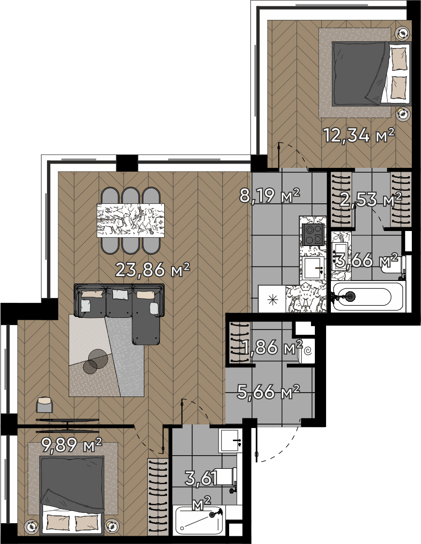 2 комн. квартира, 71.6 м², 17 этаж 