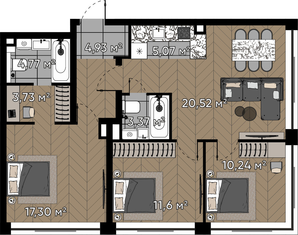 3 комн. квартира, 81.5 м², 21 этаж 