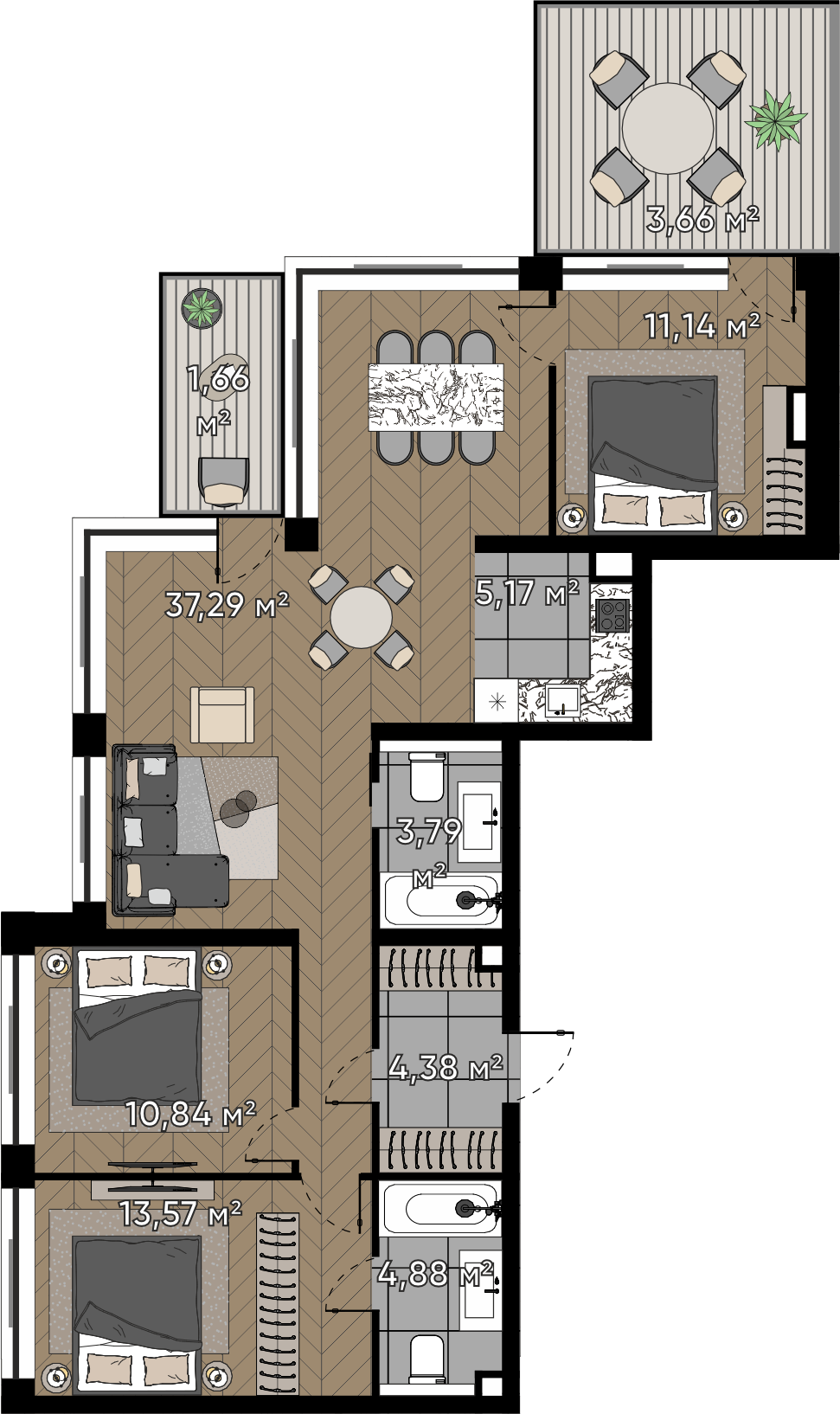 3 комн. квартира, 96.4 м², 18 этаж 