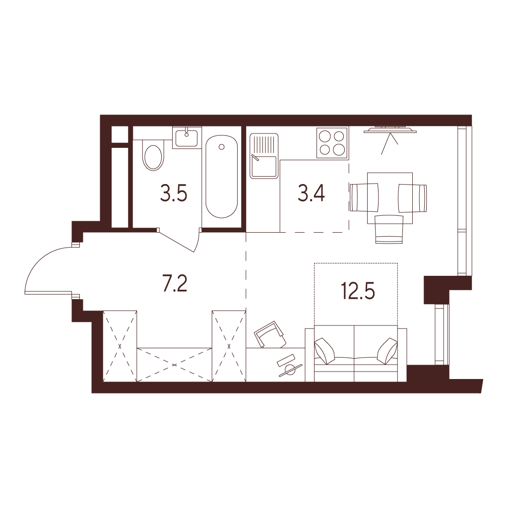 студия, 26.6 м², 15 этаж 