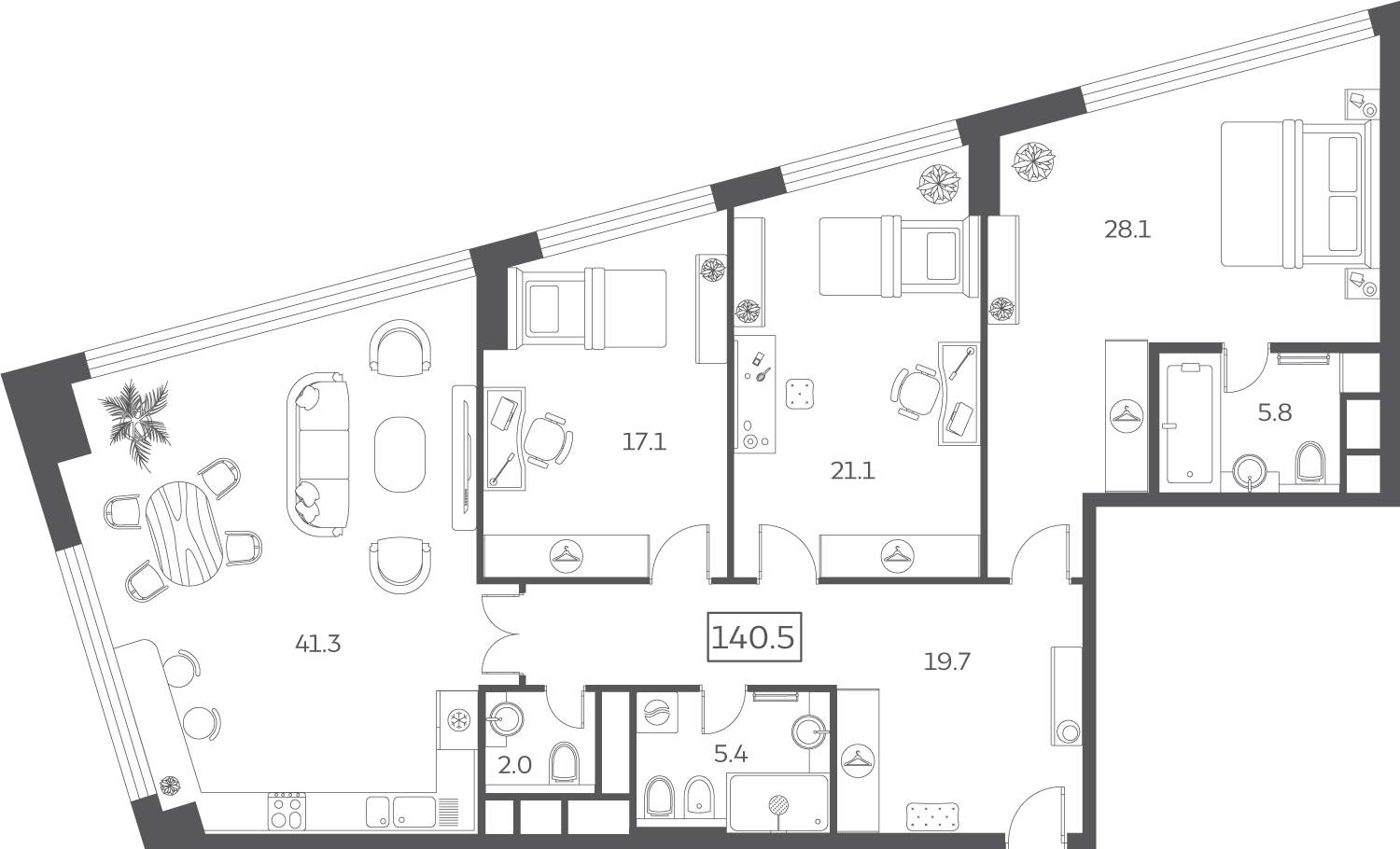 4 комн. квартира, 140.5 м², 19 этаж 