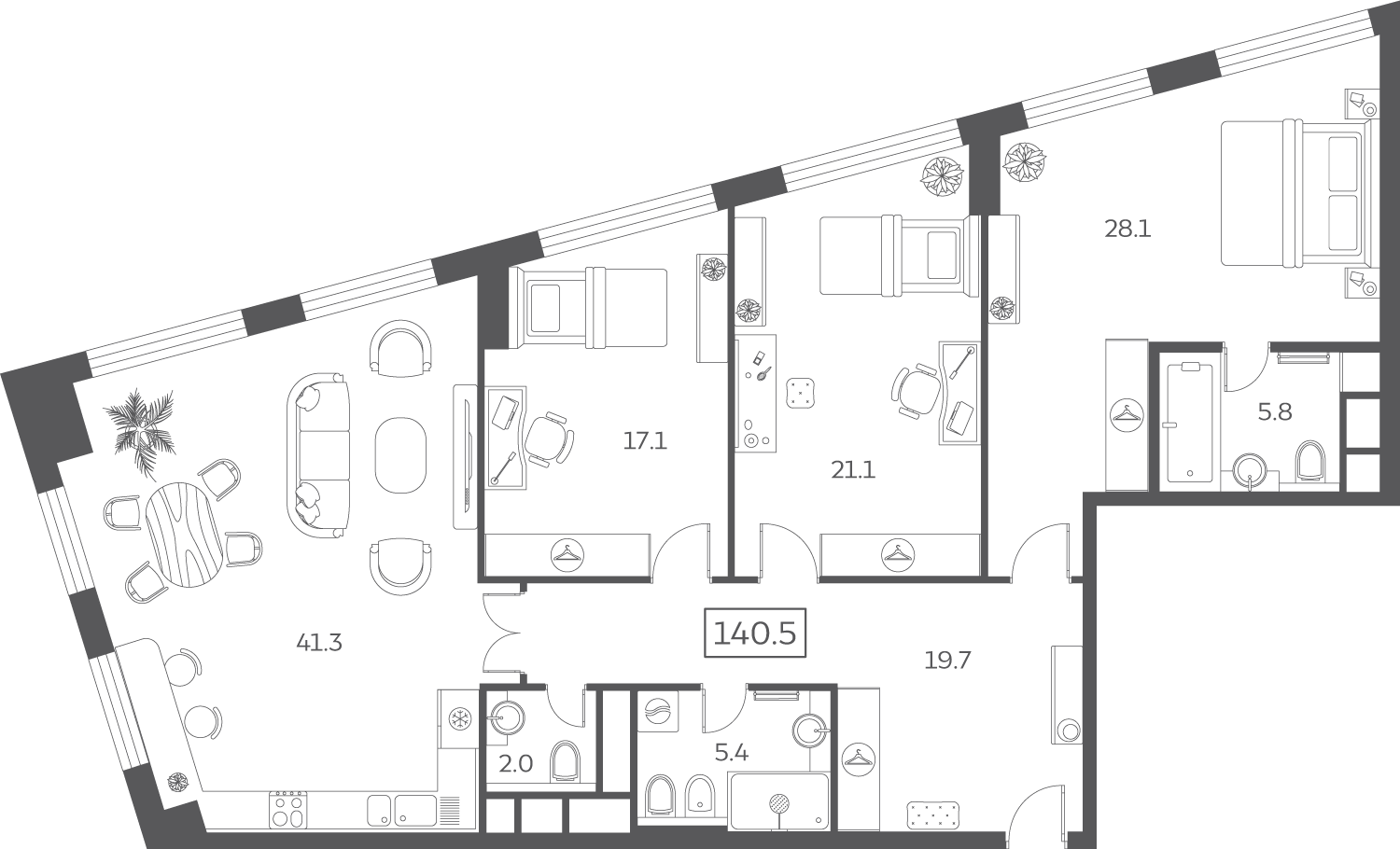 4 комн. квартира, 140.5 м², 20 этаж 