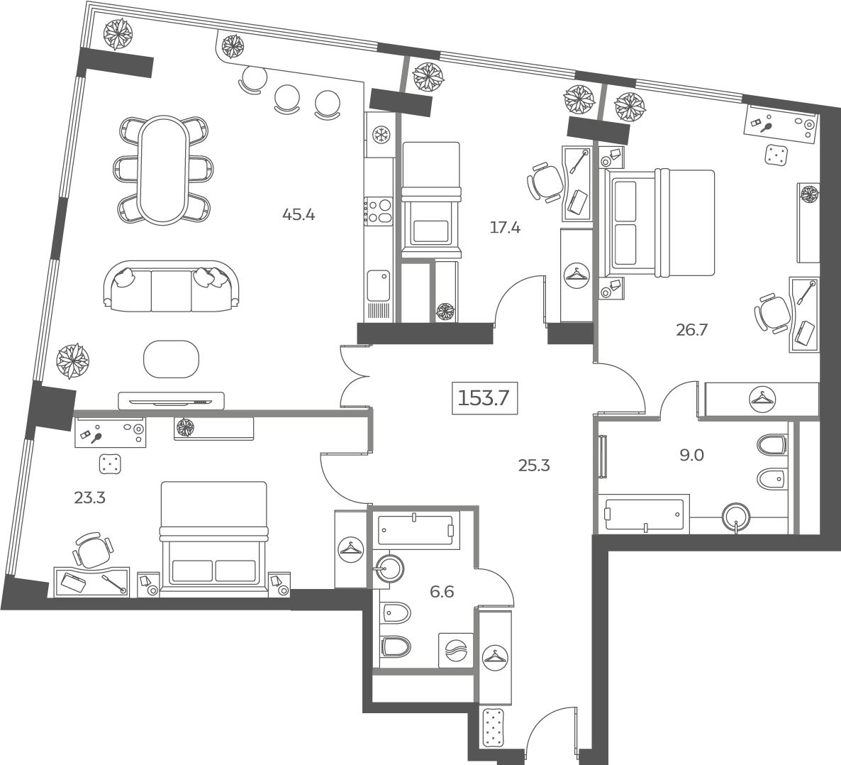 4 комн. квартира, 152.5 м², 14 этаж 