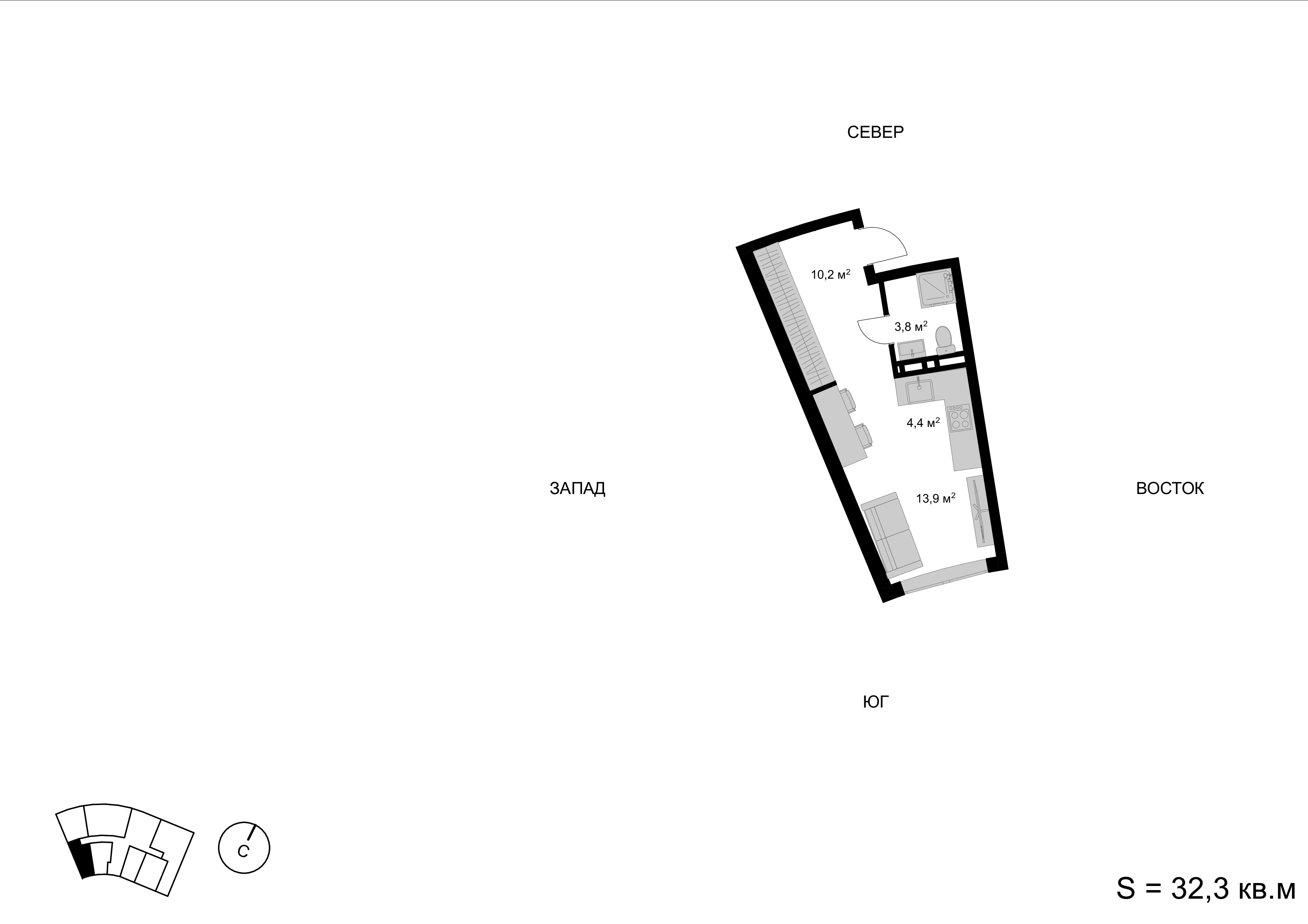 1 комн. квартира, 32.3 м², 6 этаж 