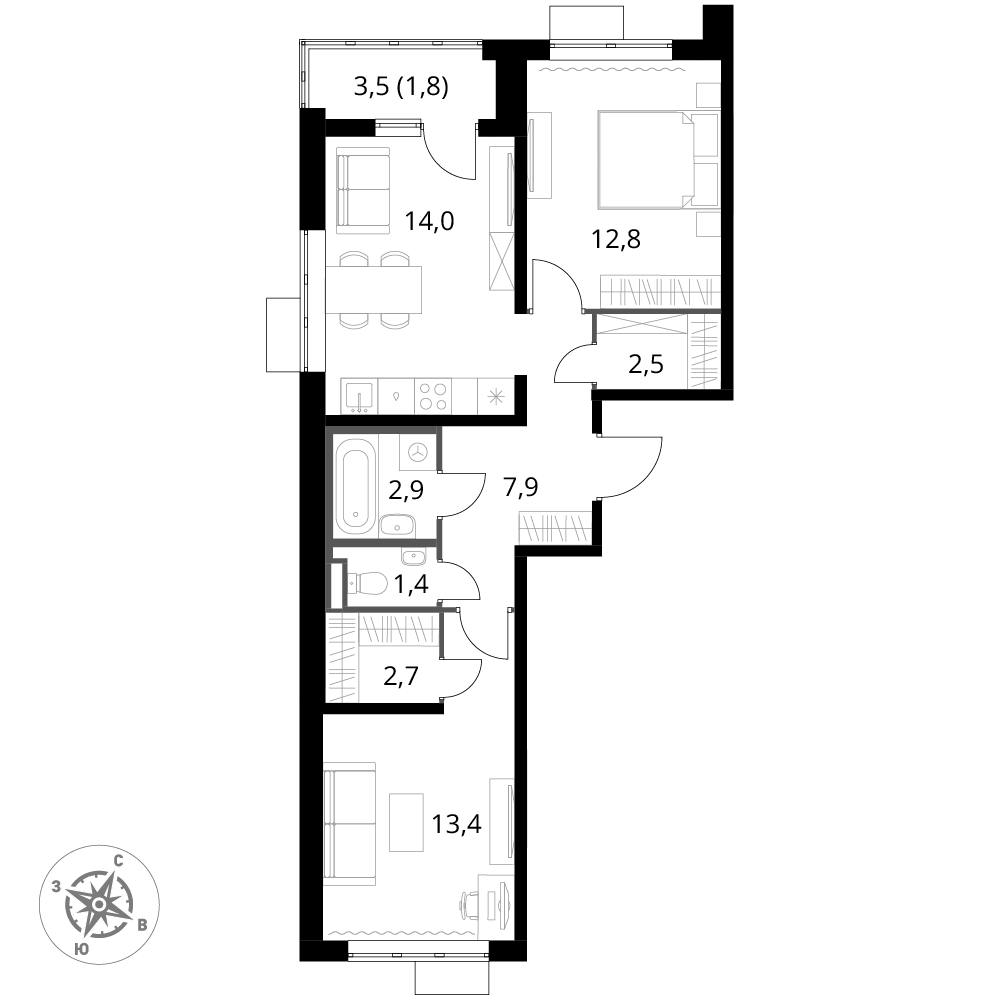 2 комн. квартира, 59.4 м², 4 этаж 