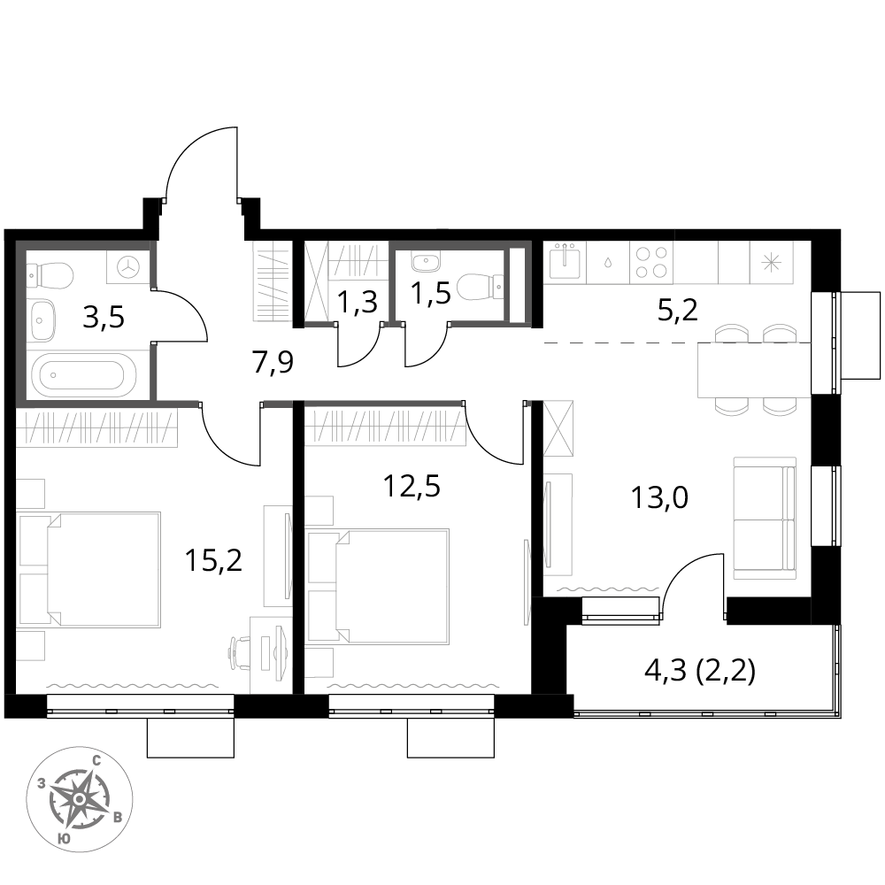 3 комн. квартира, 62.3 м², 11 этаж 