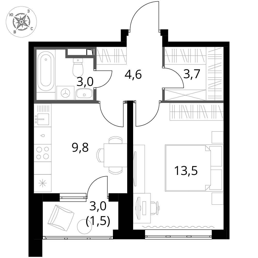 1 комн. квартира, 36.1 м², 2 этаж 