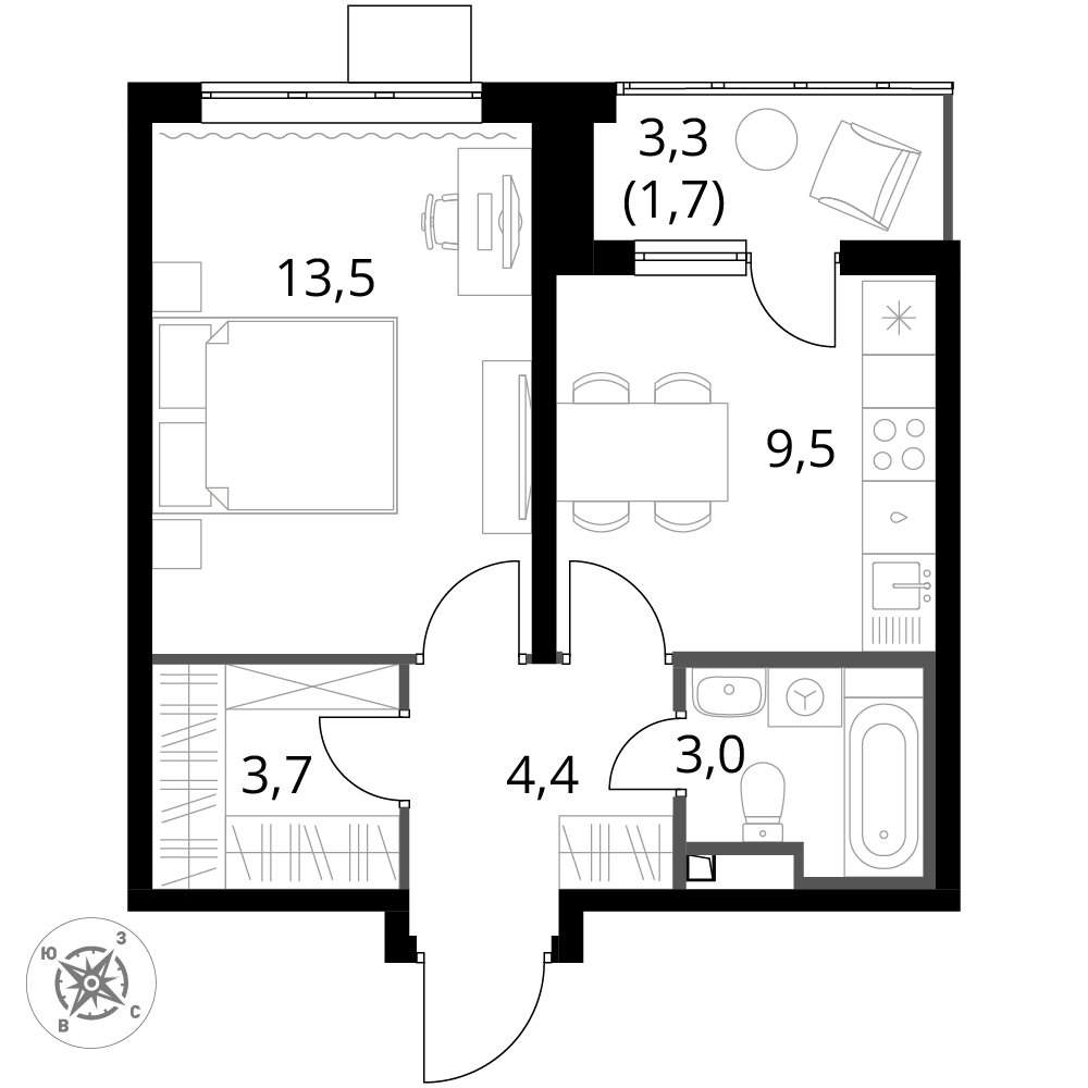 1 комн. квартира, 35.8 м², 3 этаж 