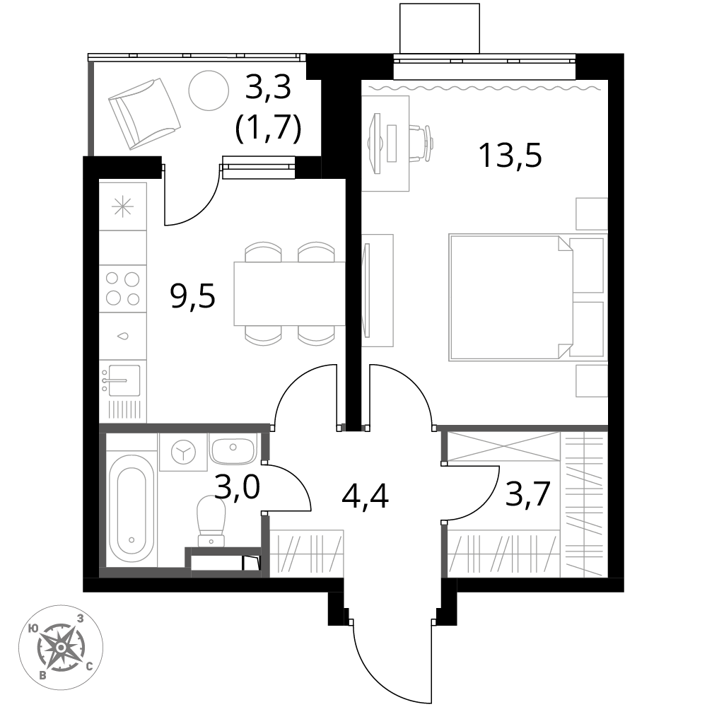 1 комн. квартира, 35.8 м², 6 этаж 