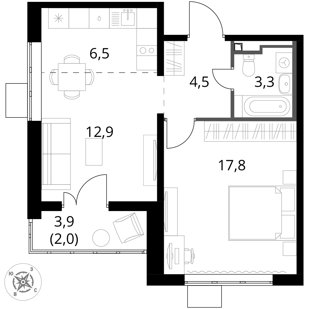 2 комн. квартира, 47 м², 15 этаж 