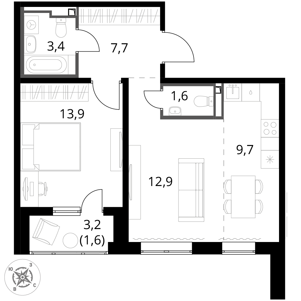 2 комн. квартира, 50.8 м², 2 этаж 