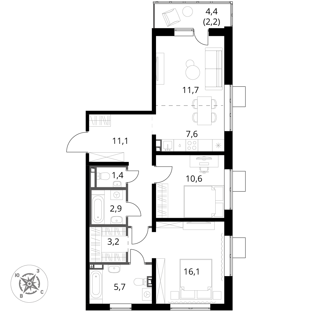 3 комн. квартира, 72.5 м², 3 этаж 