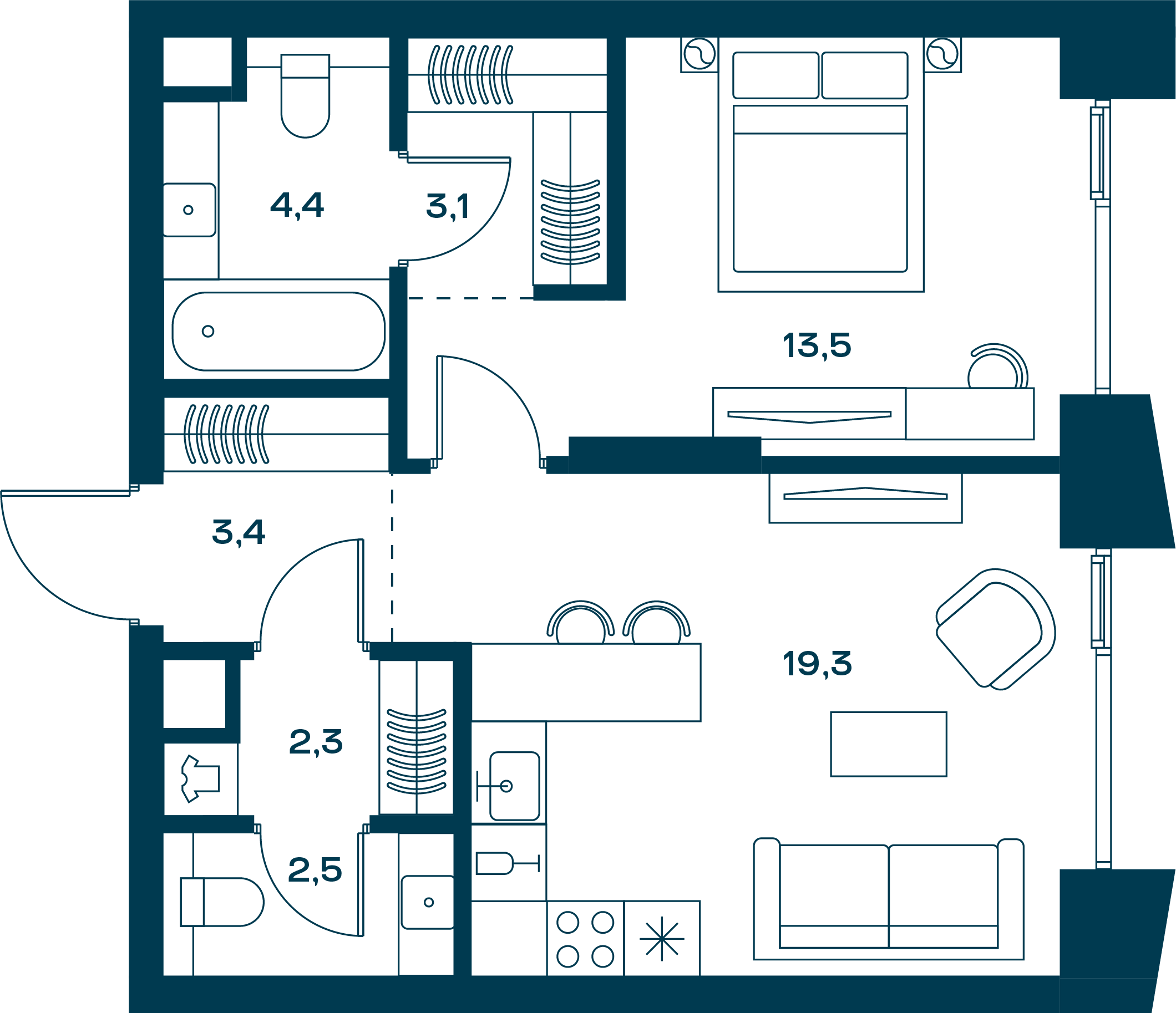 1 комн. квартира, 49.9 м², 14 этаж 