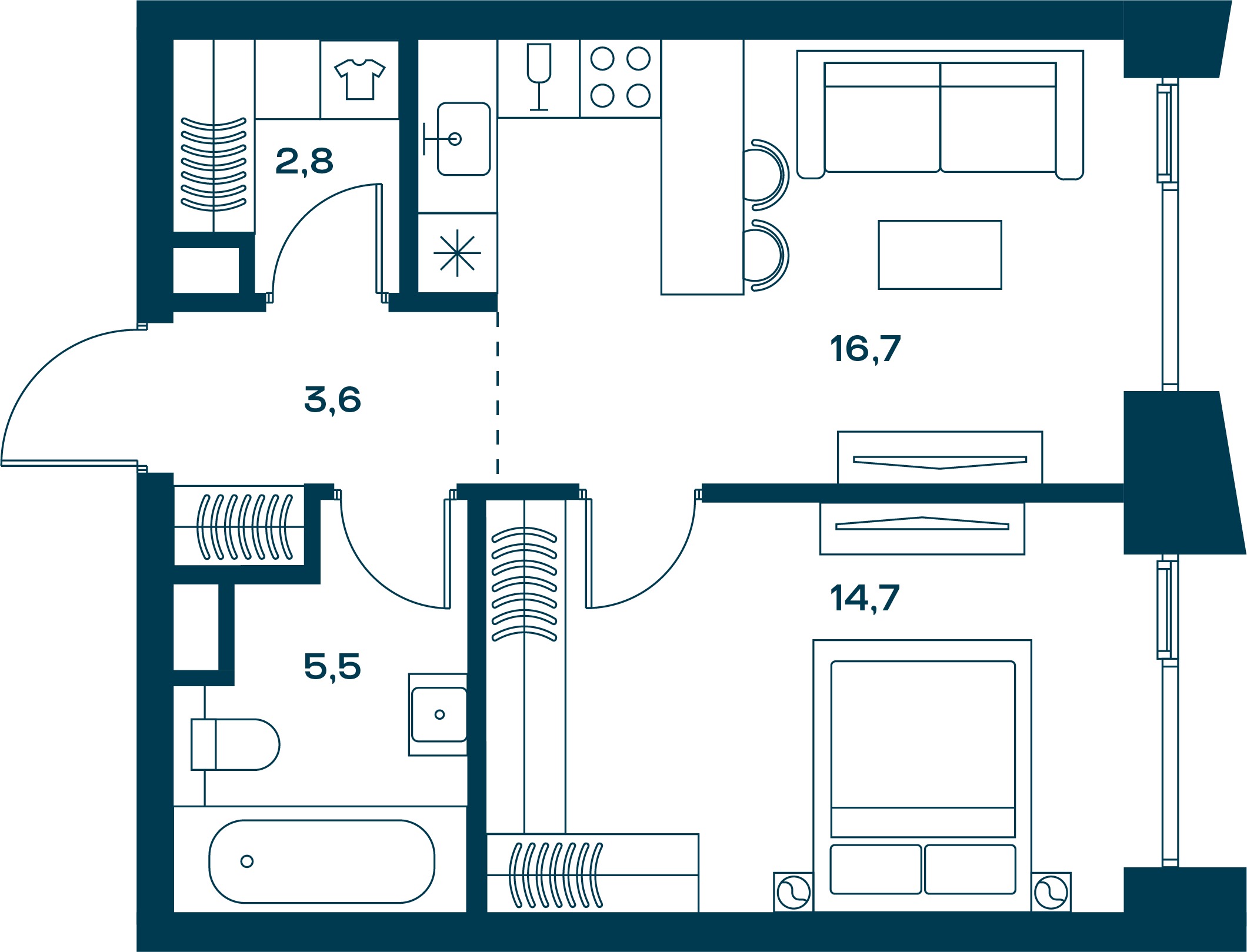 1 комн. квартира, 44.4 м², 3 этаж 