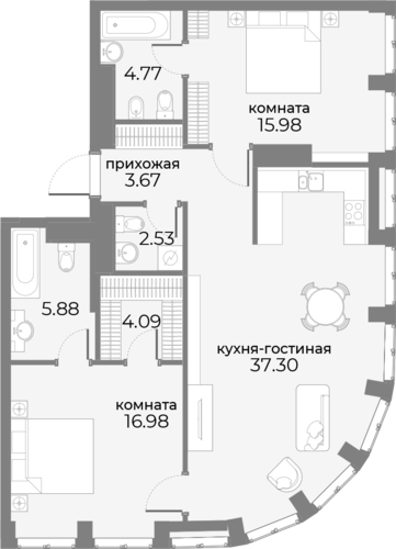 квартира со свободной планировкой, 94.2 м², 8 этаж 