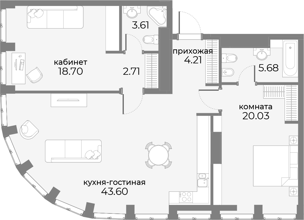 квартира со свободной планировкой, 102.1 м², 9 этаж 