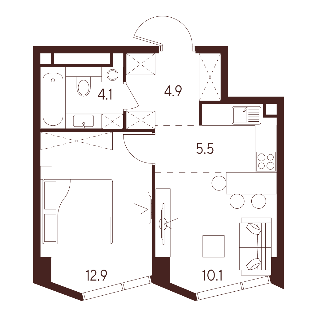 2 комн. квартира, 37.5 м², 21 этаж 