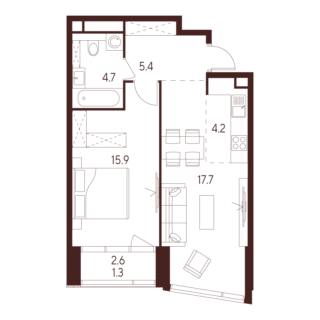 2 комн. квартира, 49.2 м², 18 этаж 