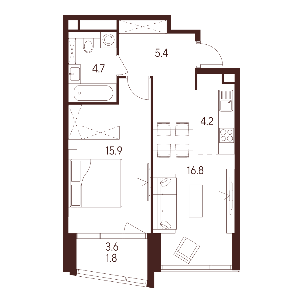 2 комн. квартира, 48.8 м², 21 этаж 