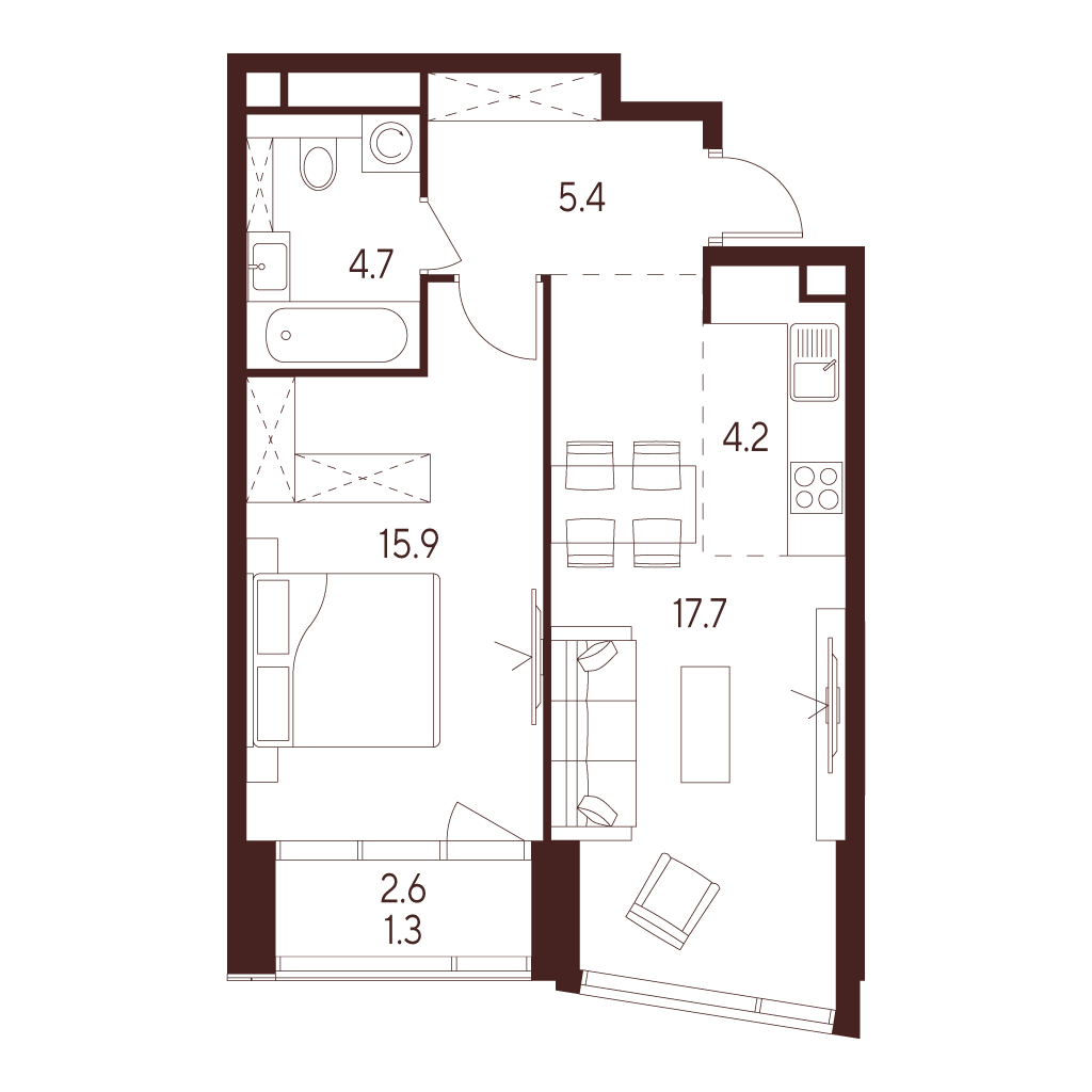 2 комн. квартира, 49.2 м², 19 этаж 