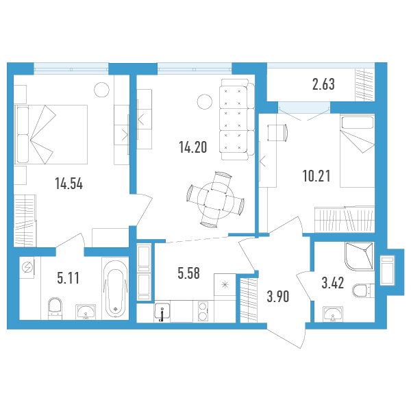 2 комн. квартира, 58.3 м², 9 этаж 