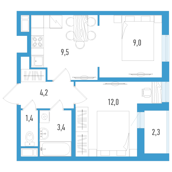 1 комн. квартира, 40.7 м², 5 этаж 