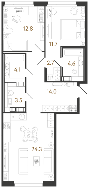 2 комн. квартира, 77.7 м², 9 этаж 