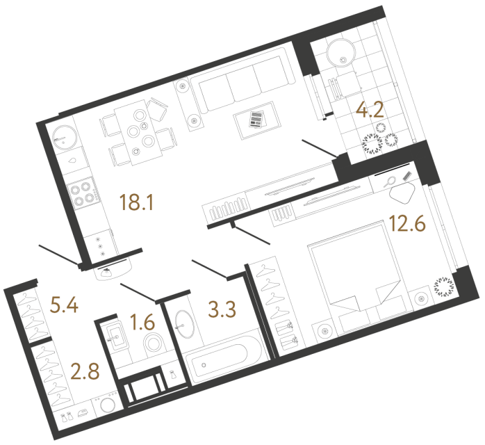 1 комн. квартира, 43.8 м², 4 этаж 