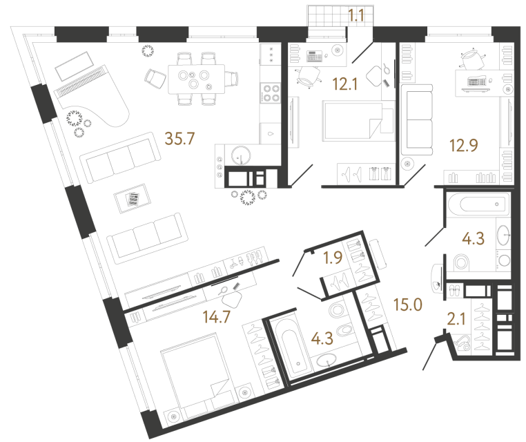 3 комн. квартира, 103 м², 6 этаж 