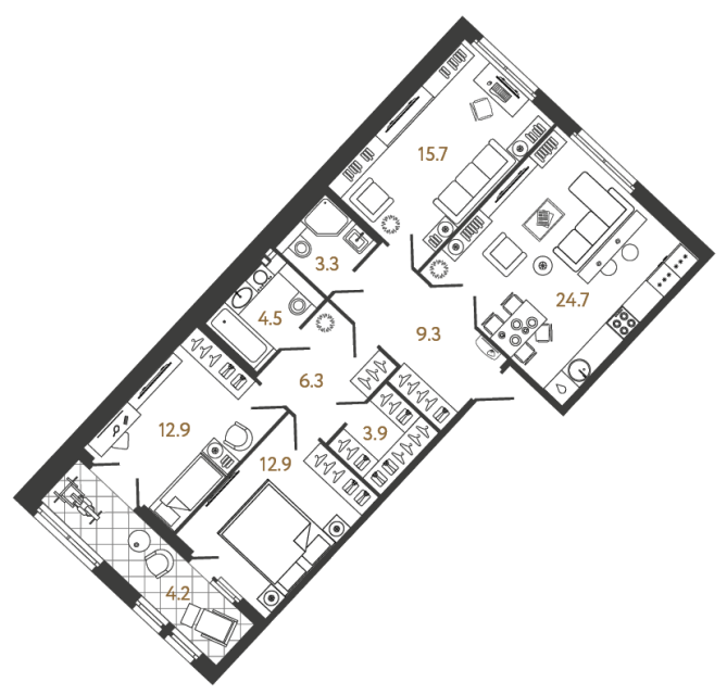3 комн. квартира, 93.5 м², 2 этаж 