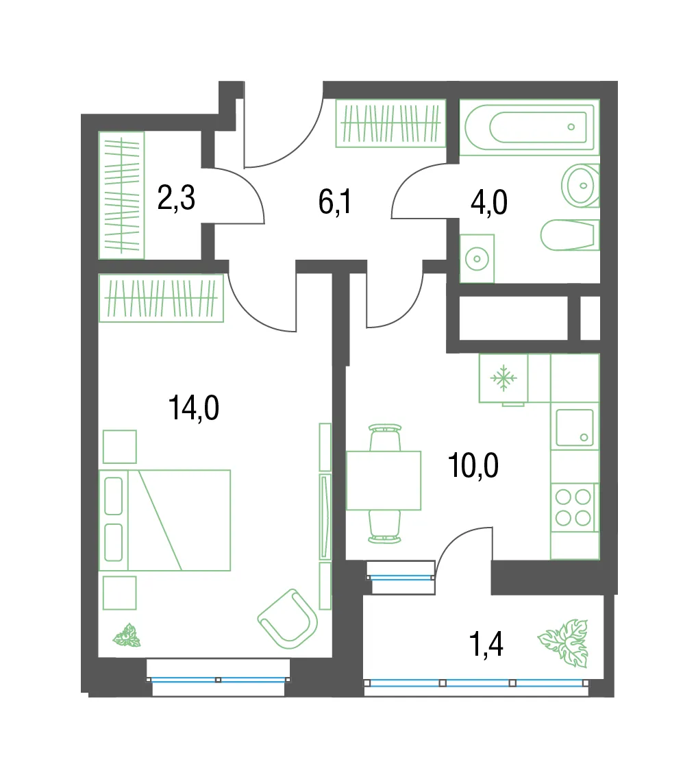1 комн. квартира, 38.1 м², 8 этаж 